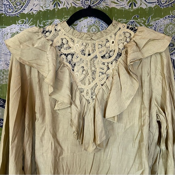 NWT Salt Mustard Green Crochet Prariecore Long Sleeve Blouse Size Small - Picture 2 of 15